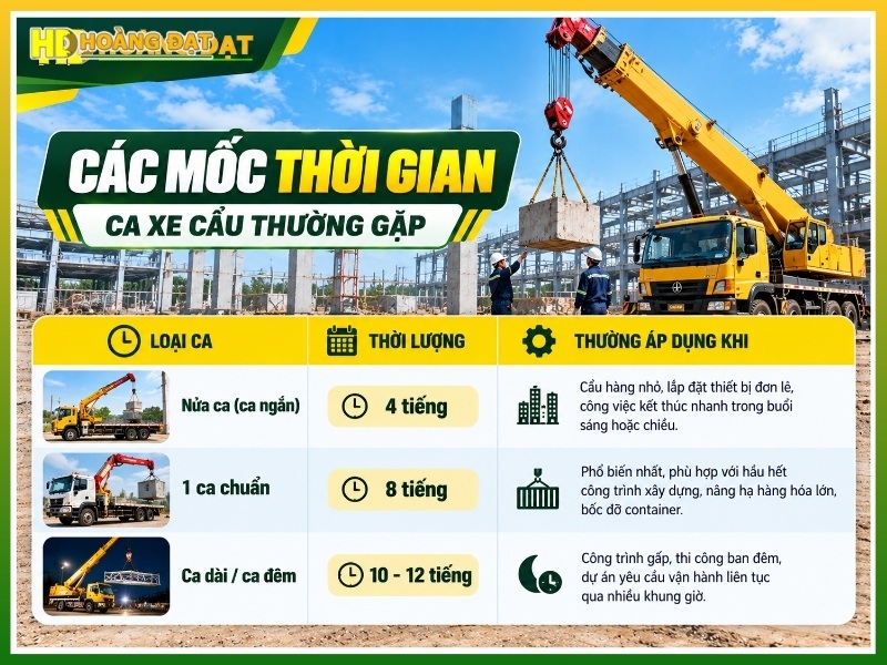 Các mốc thời gian ca xe cẩu thường gặp trên thị trường