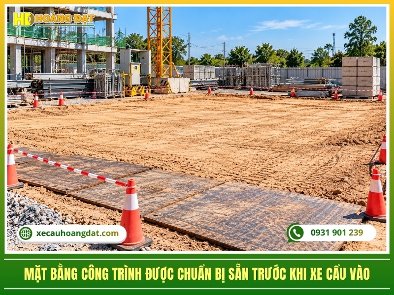 mặt bằng công trình được chuẩn bị sẵn sàng trước khi xe cẩu vào vận hành