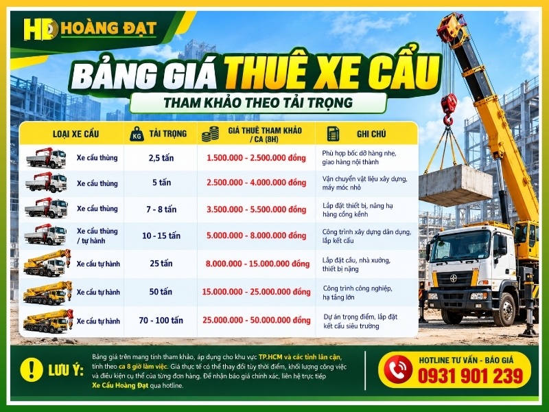bảng giá thuê xe cẩu các loại tải trọng tại công trình xây dựng