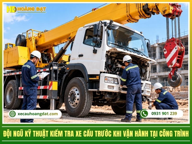 đội ngũ kỹ thuật viên kiểm tra xe cẩu trước khi vận hành tại công trình
