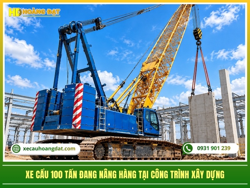 xe cẩu 100 tấn đang nâng hàng tại công trình xây dựng