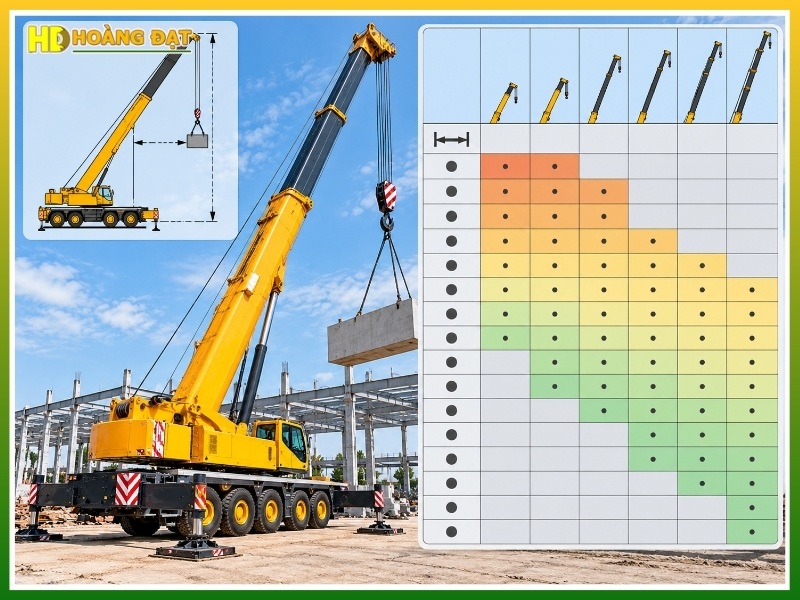 bảng biểu đồ tải trọng của xe cẩu 100 tấn theo tầm với