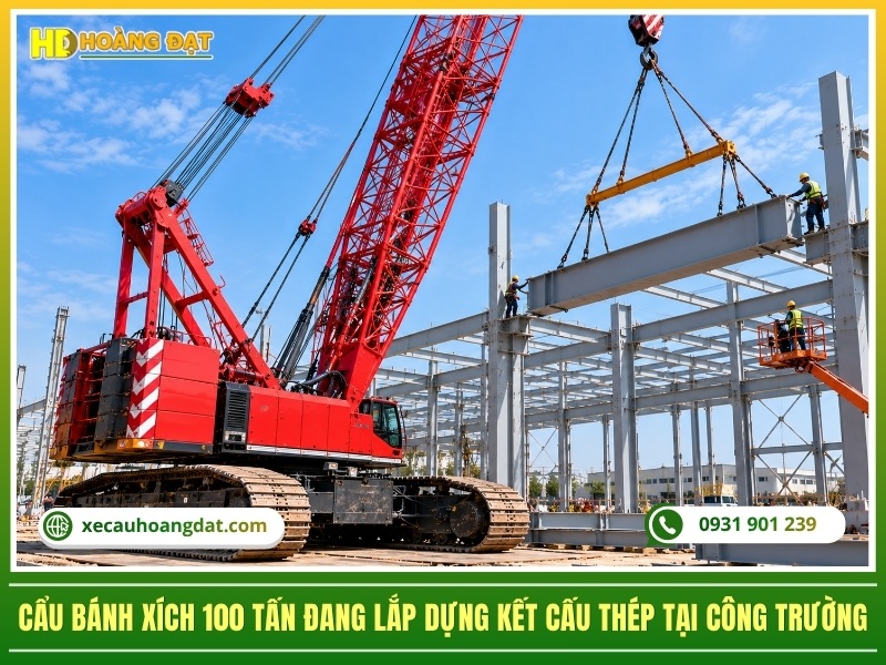 cẩu bánh xích 100 tấn đang lắp dựng kết cấu thép tại công trường