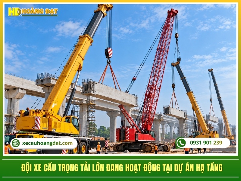 đội xe cẩu trọng tải lớn đang hoạt động tại dự án hạ tầng
