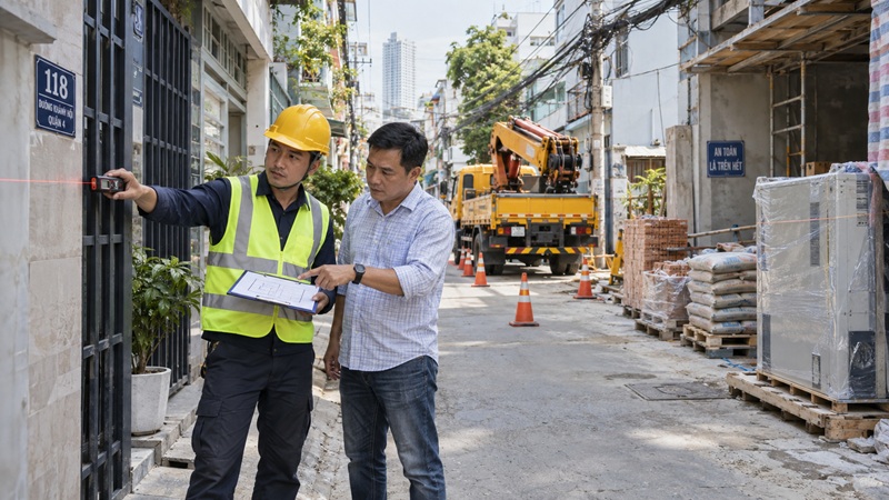 nhân viên khảo sát công trình trước khi báo giá xe cẩu