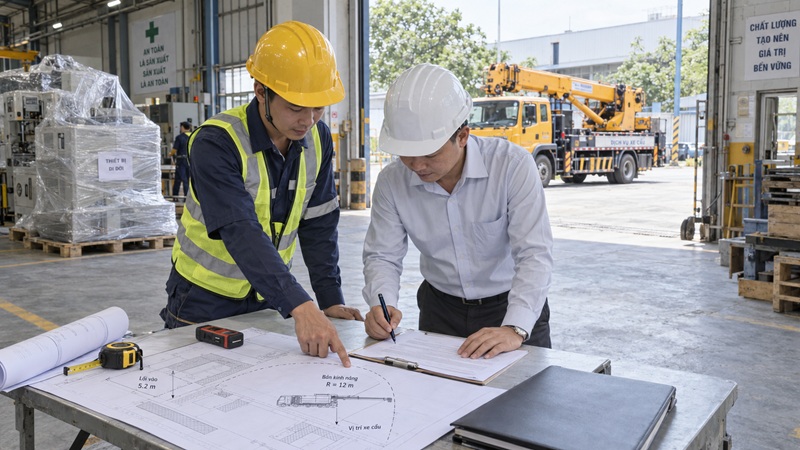 nhân viên khảo sát và ký hợp đồng thuê xe cẩu tại xưởng