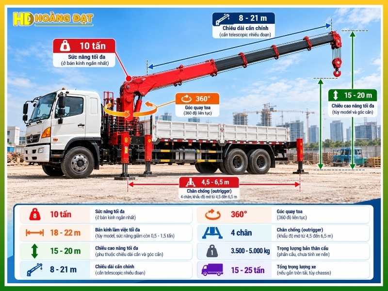 Thông số kỹ thuật cơ bản của xe cẩu 10 tấn