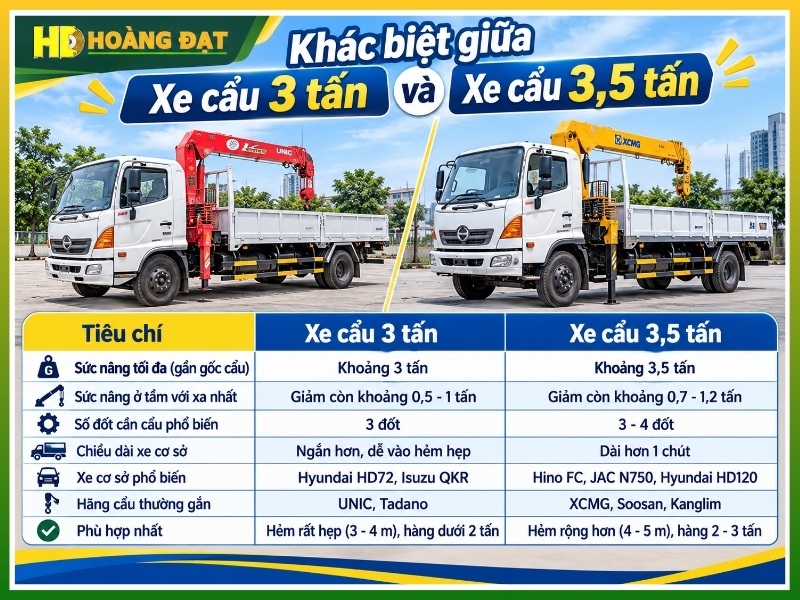 Khác biệt giữa xe cẩu 3 tấn và 3,5 tấn