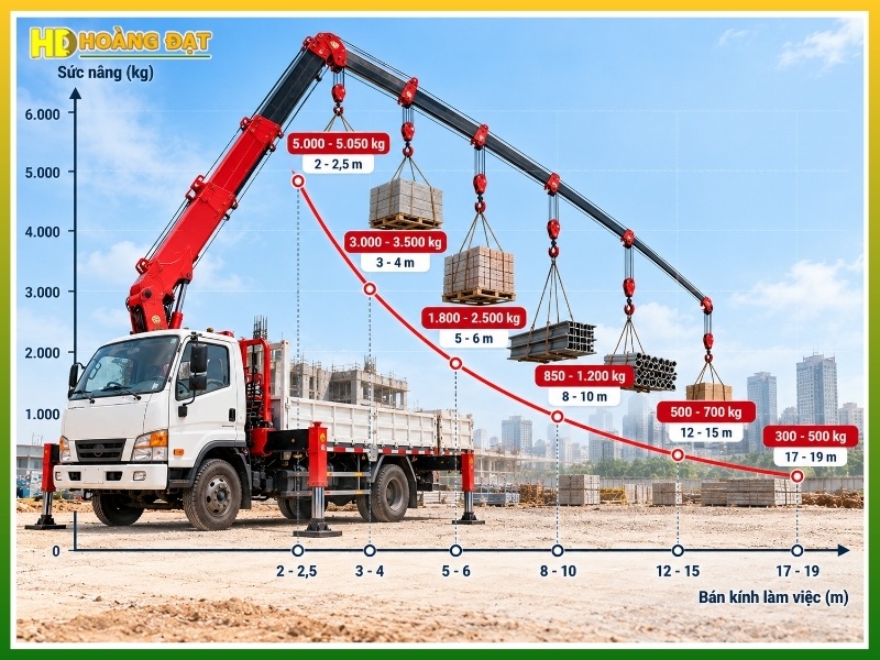 biểu đồ sức nâng xe cẩu 5 tấn giảm dần theo bán kính tầm với