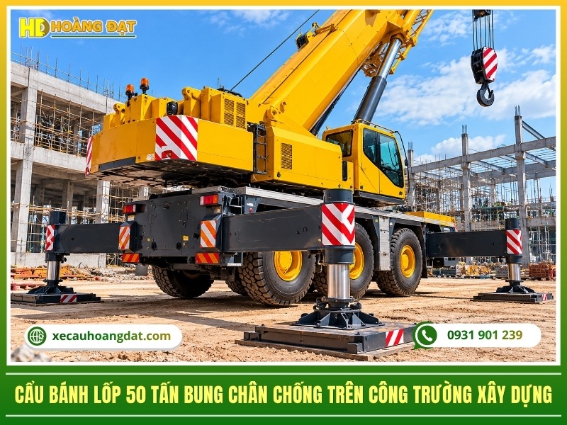 cẩu bánh lốp 50 tấn bung chân chống trên công trường xây dựng