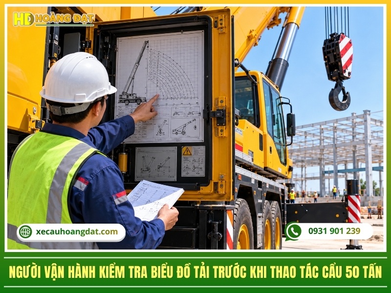 người vận hành kiểm tra biểu đồ tải trước khi thao tác cẩu 50 tấn