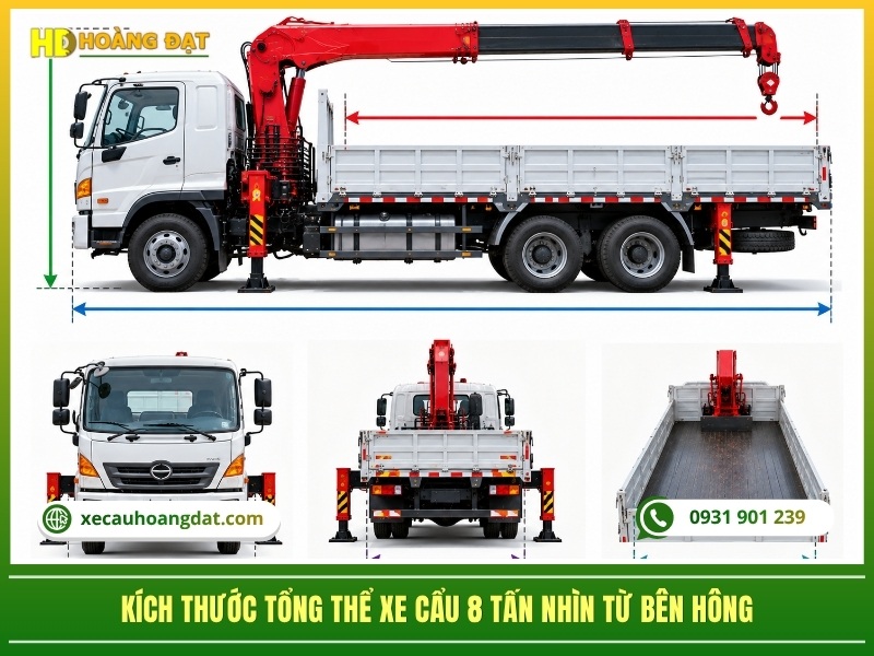 kích thước tổng thể xe cẩu 8 tấn nhìn từ bên hông
