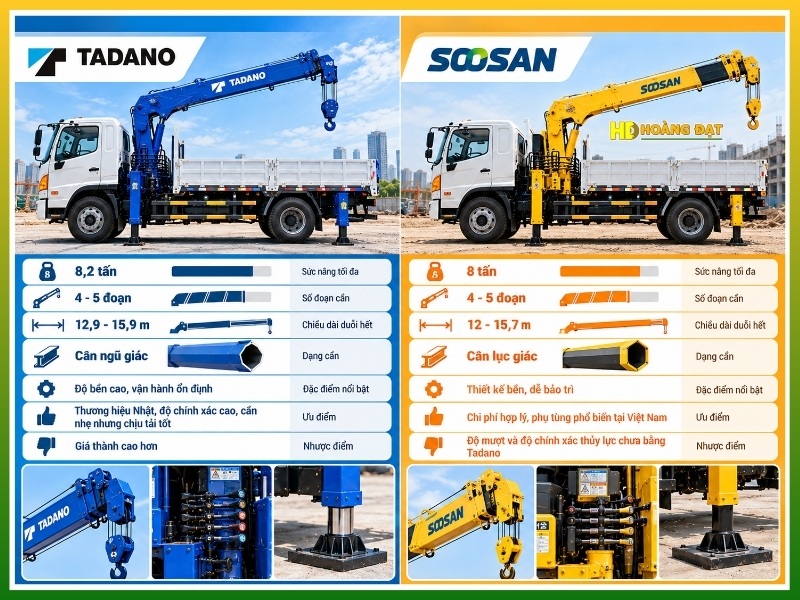 so sánh cẩu Tadano và cẩu Soosan gắn trên xe tải 8 tấn