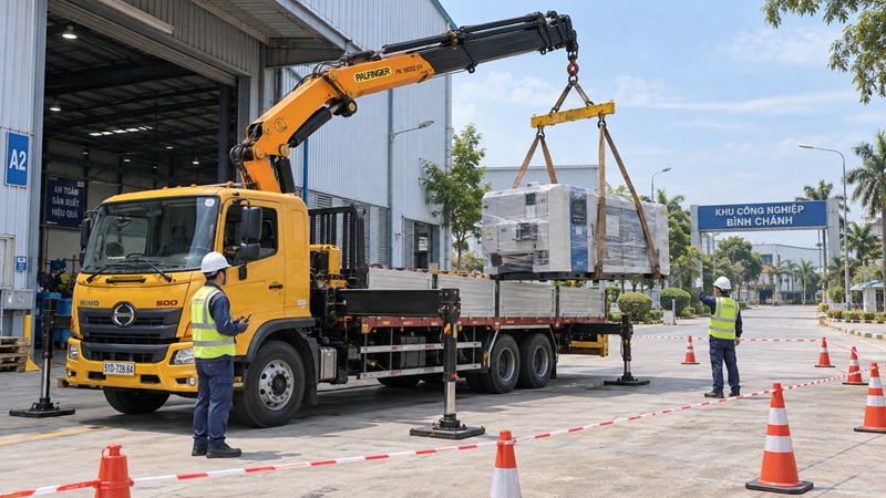 xe tải cẩu đang nâng hạ hàng hóa tại khu công nghiệp Bình Chánh